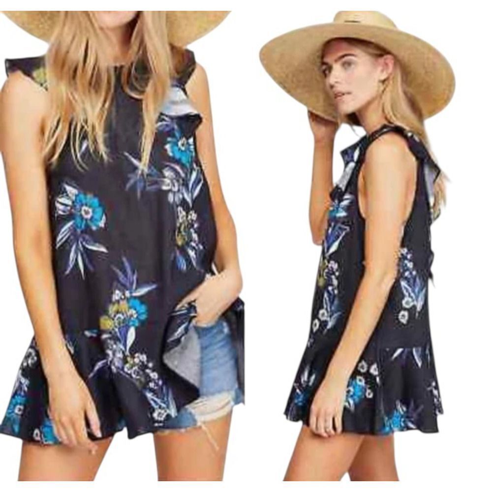 Free People Tunic Summer In Tulum Size L Black Floral Linen Blend Ruffle Boho